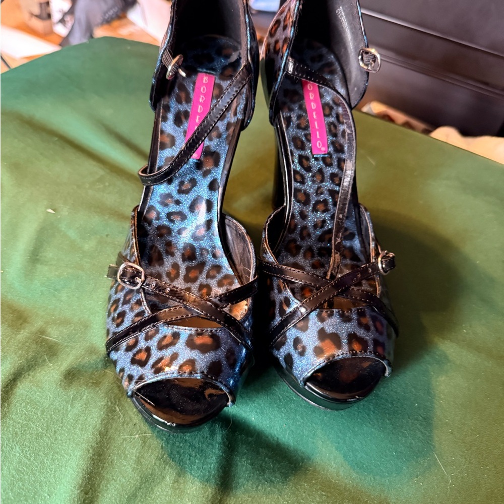 Bordello Blue and Black Leopard Patent Leather Heels
